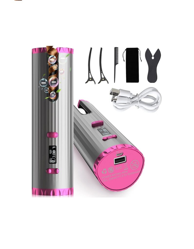 Automatic Hair Curler, Portable Wireless Curling Iron with USB Cable
