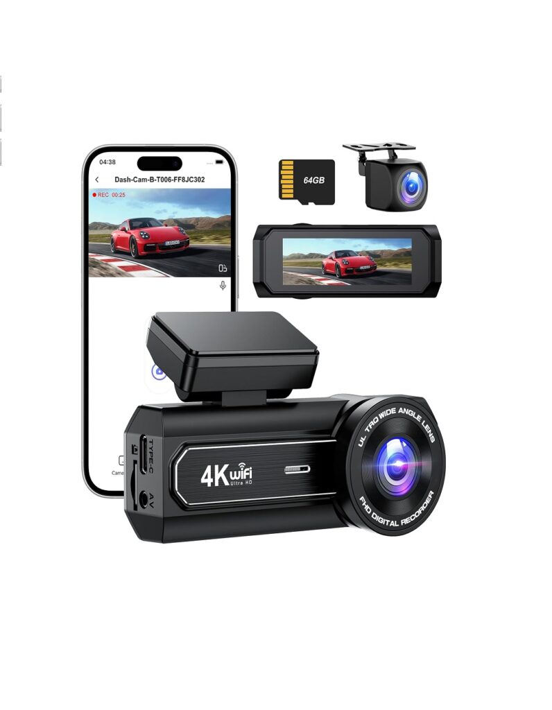 Wi Fi Dash Cam, 4K + 1080P DashCam Front and Rear